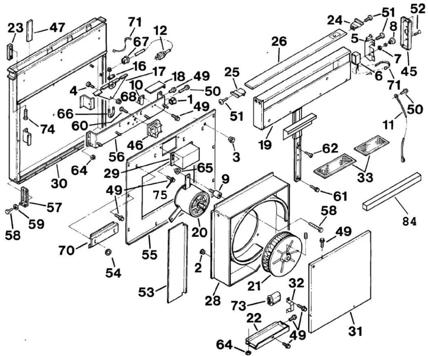 Exploded view diagram of a refrigerator with numbered parts for identification