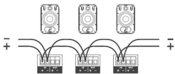 Diagram showing three speakers connected to four labeled output terminals with polarity indicators