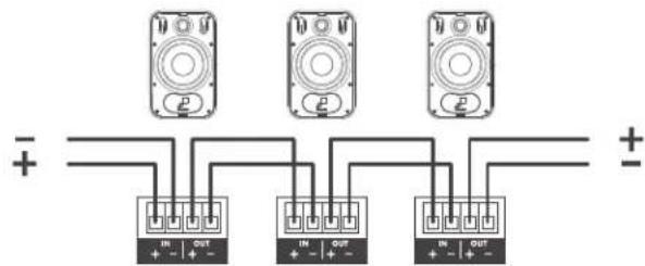 Electrical wiring diagram showing three identical speaker terminals connected to input and output terminals with polarity indicators.