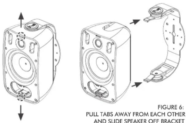 PULL TABS AWAY FROM EACH OTHER AND SLIDE SPEAKER OFF BRACKET