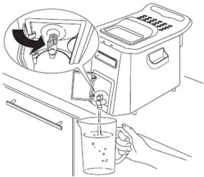Diagram illustrating a kitchen appliance with a hand pouring liquid into a glass, showing a close-up of the device's internal mechanism.
