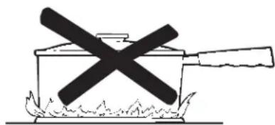 Simple line drawing of a cooking pot with a crossed-out black cross symbol, placed on a flame (no text or labels)