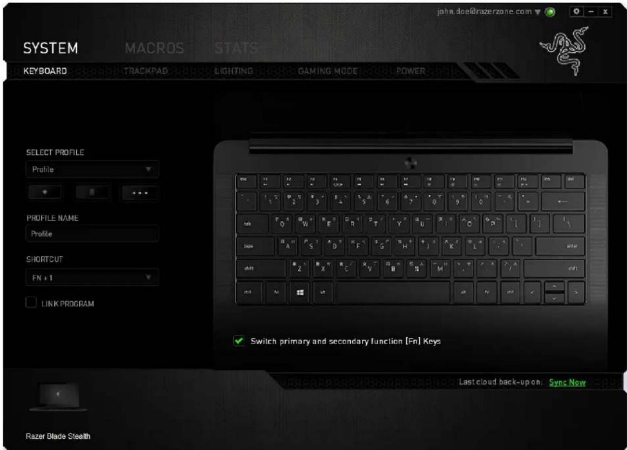 SYSTEM MACROS STATS keyboard TRACKPAD LIGHTING GAMING MODE POWER SELECT PROFILE Profile PROFILE NAME Profile SHORTCUT FN + 1 LINK PROGRAM Switch primary and secondary function [Fn] Keys Last cloud back-up on: Sync Now Razer Blade Stealth