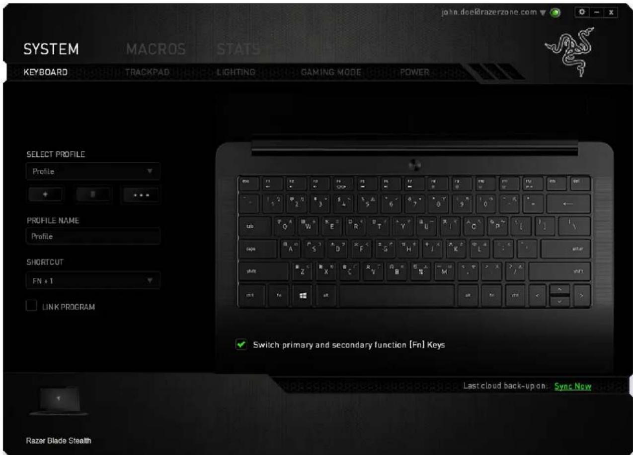 SYSTEM MACROS STATS KEYBOARD TRACKPAD LIGHTING GAMING MODE POWER SELECT PROFILE Profile PROFILE NAME Profile SHORTCUT FN : 1 LINK PROGRAM Switch primary and secondary function [Fn] Keys Last cloud back-up on: Sync Now Razer Blade Stealth