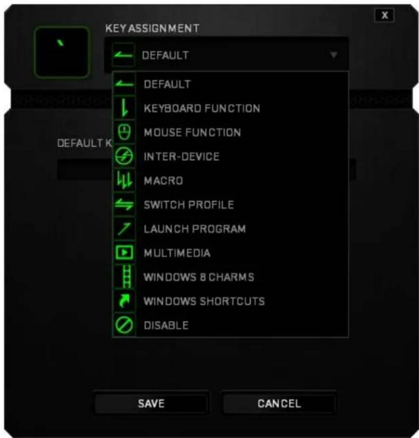 KEY ASSIGNMENT DEFAULT DEFAULT KEYBOARD FUNCTION MOUSE FUNCTION INTER-DEVICE MACRO SWITCH PROFILE LAUNCH PROGRAM MULTIMEDIA WINDOWS 8 CHARMS WINDOWS SHORTCUTS DISABLE SAVE CANCEL