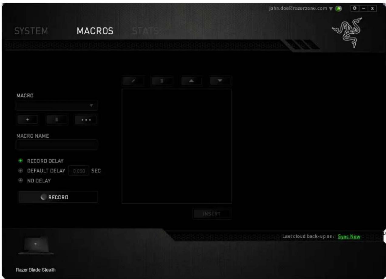 SYSTEM MACROS STATS MACRO MACRO NAME RECORD DELAY DEFAULT DELAY 0.050 SEC NO DELAY RECORD INSERT Last cloud back-up on: Sync Now Razer Blade Stealth