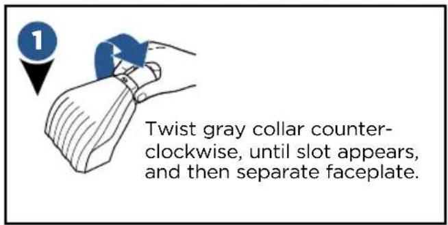 1 Twist gray collar count- clockwise, until slot appears, and then separate faceplate.