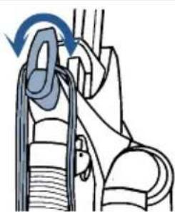 Diagram of a mechanical device with a curved arrow indicating rotation or force (no text or symbols present)