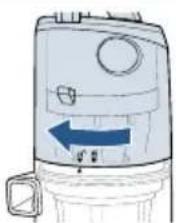 Diagram of a portable water heater with directional arrow indicating left vent (no text or symbols)