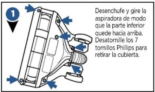 Desenchufe y gire la aspiradora de modo que la parte inferior quede hacia arriba. Desatornille los 7 tornillos Phillips para retirar la cubierta.