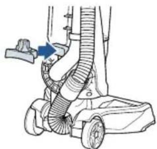 Line drawing of a vacuum cleaner's seat and wheel assembly, showing mechanical components and a blue arrow indicating motion (no text or symbols)