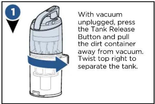 With vacuum unplugged, press the Tank Release Button and pull the dirt container away from vacuum. Twist top right to separate the tank.