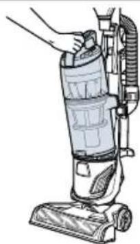 Line drawing of a hand holding a vacuum cleaner with a handle and hose (no text or symbols)