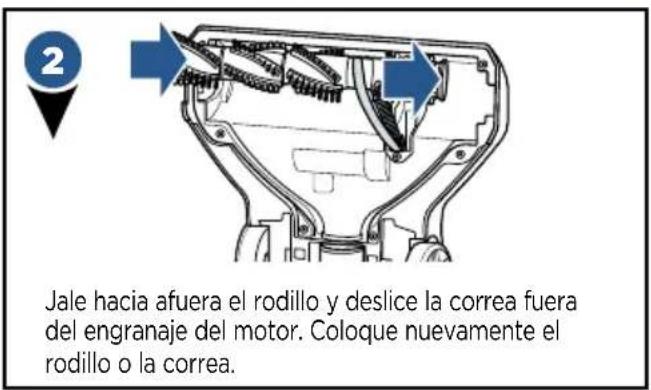 Jale hacia afuera el rodillo y deslice la correa fuera del engranaje del motor. Coloque nuevamente el rodillo o la correa.