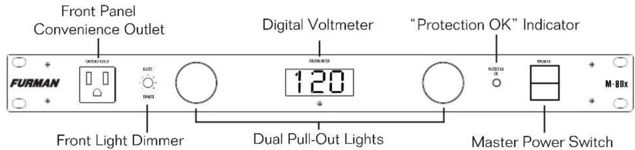 Front Panel Convenience Outlet Digital Voltmeter "Protection OK" Indicator FURMAN 120 M-80x FRONT LIGHT DIMMER Dual Pull-Out Lights Master Power Switch