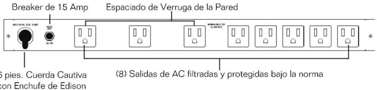 Breaker de 15 Amp Espaciado de Verruga de la Pared 6 pies. Cuerda Cautiva con Enchufe de Edison (8) Salidas de AC filtradas y protegidas bajo la norma