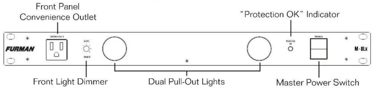 Front Panel Convenience Outlet "Protection OK" Indicator FURMAN FRU-MAN FRONT LIGHT DIMMER Dual Pull-Out Lights Master Power Switch M-8Lx