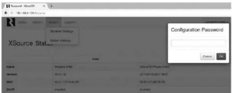XSource Status Name Version MAC DHCP Configuration Password Cancel OK