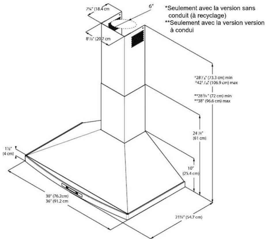 *Seulement avec la version sans conduit (à recyclage) **Seulement avec la version version à condui 7½" (18.4 cm) 6" 8½" (20.7 cm) *28½" (73.3 cm) min *42½" (106.9 cm) max **28½" (72 cm) min **38" (96.6 cm) max 24½" (61 cm) 10" (25.4 cm) 21½" (54.7 cm) 30" (76.2 cm) 36" (91.2 cm)