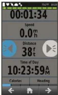 00:01:34 Speed 0.0m h Distance 38ft Time of Day 10:23:59AM Calories Heading