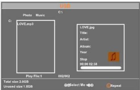 USB Photo Music C: C: LOVE.mp3 Play File:1 002/002 Total size:2.0GB Unused size:1.8GB @Select Mo vps Repeat LOVE.jpg Title: Artist: Album: Year Stop 00:00 02:38