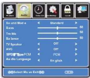 So und Mode Bass Tre ble Ba lance TV Speaker AVC 3PD / Time PCM Au dio Language Standard 50 50 50 Off Off PCM En glish Select Mo vs Exit
