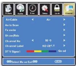 Air/Cable Air Au to Scan Favorite Sh ow Rido Ch annel No 50 -3 Ch annel Label KO CE L8 DT V Signa I Go od ©Select Mo ve Exit © VPN