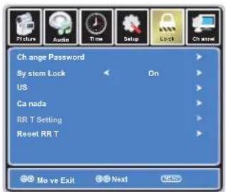 Change Password System Lock On US Canada RR T Setting Reset RR T Move Exit Next