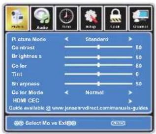 Pi ctrue Mode Co ntrast Br lightness s Co lor Tint Sh argness Co lor Mode HDMI CEC Guide available @ www.jensenrvdirect.com/manuals-guides Select Mo ve Ext