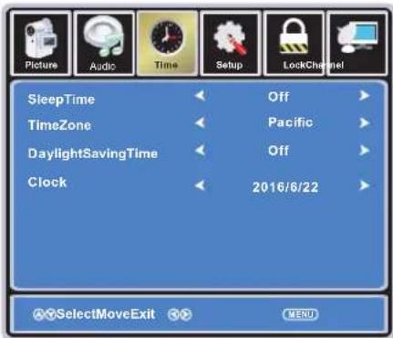 Picture Audio Time Setup LockChannel SleepTime Off TimeZone Pacific DaylightSavingTime Off Clock 2016/6/22 SelectMoveExit MERU