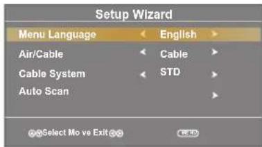 Setup Wizard Menu Language English Air/Cable Cable Cable System STD Auto Scan Select Mode Exit