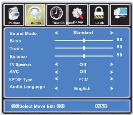 Picture Audio Time Ch Image Top Lock Sound Mode Standard Bass 50 Treble 50 Balance 50 TV Speaker Off AVC Off SPDIF Type PCM Audio Language English Select Move Exit BEND