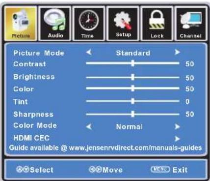 Picture Audio Time Setup Lock Channel Picture Mode Standard Contrast 50 Brightness 50 Color 50 Tint 0 Sharpness 50 Color Mode Normal HDMI CEC Guide available @ www.jensenrvdirect.com/manuals-guides Select Move Exit
