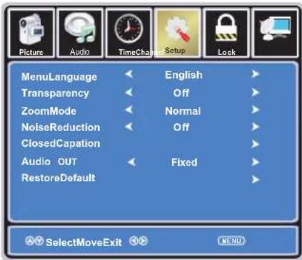 Picture Audio TimeCha Setup Lock MenuLanguage English Transparency Off ZoomMode Normal NoiseReduction Off ClosedCapation Audio OUT Fixed RestoreDefault SelectMoveExit SEND
