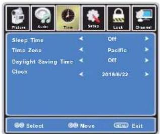 Sleep Time Time Zone Daylight Saving Time Clock Off Pacific Off 2016/6/22 Select Move Exit