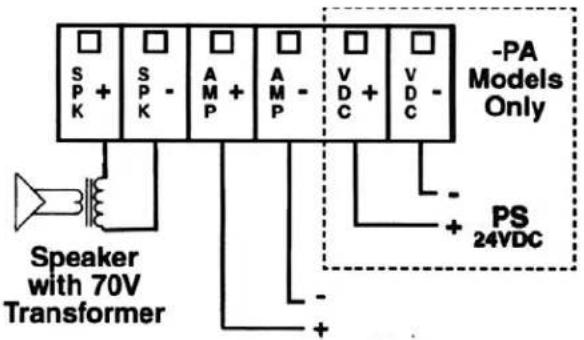 SPK + SPK - AMP + AMP - VDC + VDC -PA Models Only + PS 24VDC Speaker with 70V Transformer -