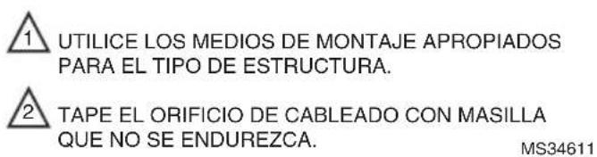1 UTILICE LOS MEDIOS DE MONTAJE APROPIADOS PARA EL TIPO DE ESTRUCTURA. 2 TAPE EL ORIFICIO DE CABLEADO CON MASILLA QUE NO SE ENDUREZCA. MS34611