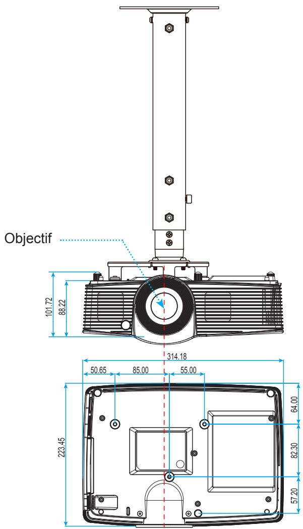 OPTOMA HD28DSE - Dimensions du projecteur et installation au plafond - 1