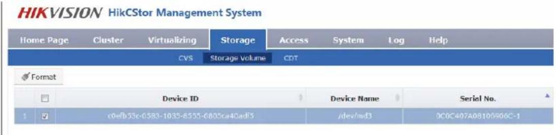 HIKVISION HikCStor Management System Home Page Cluster Virtualizing Storage Access System Log Help CVS Storage Volume CDT Format Device ID Device Name Serial No. c0efb53c-0583-1035-8555-6805ca40adl5 /dev/md3 0C0C407A08105506C-1