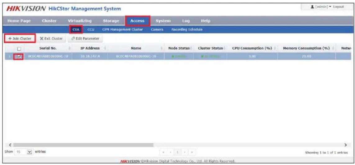 HIKVISION HikCStor Management System Home Page Cluster Virtualizing Storage Access System Log Help CVA CCU CPU Management Cluster Cameras Recording Schedule Join Cluster Exit Cluster Edit Parameter Serial No. IP Address Name Node Status Cluster Status CPU Consumption (%) Memory Consumption (%) Network BCDC407A0B106906C-10 10:18:147,4 BCDC407A0B106906C-10 3.00 20.00 Show 15 entries Showing 1 to 1 of 1 entries HIKVISION @Hikvision Digital Technology Co., Ltd. All Rights Reserved.