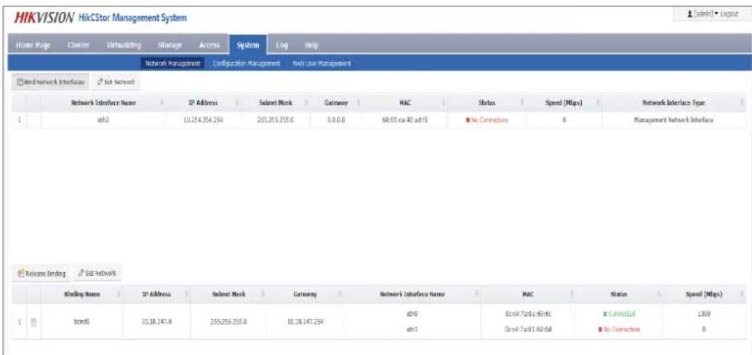 HIKVISION HikCStor Management System Home Page Cluster Virtualizing Storage Access System Log Help Network Management Configuration Management Web User Management Wind Network Interface Not Network Network Interface Name IP Address Select Mask Gateway MAC Status Speed (Mbps) Network Interface Type 1 ah2 10.254.254.254 265.255.255.0 0.0.0.0 68:05 or 40:ad 15 No Connection 8 Management network interface Release Binding See Network Binding Name IP Address Select Mask Gateway Network Interface Name MAC Status Speed (Mbps) 1 bond 10.18.247.4 255.255.255.0 10.18.147.254 ab9 0cs4-7ac8-1-69a6 Connection ID 1300 ab9 0cs4-7ac8-1-69a6d No Connection 0