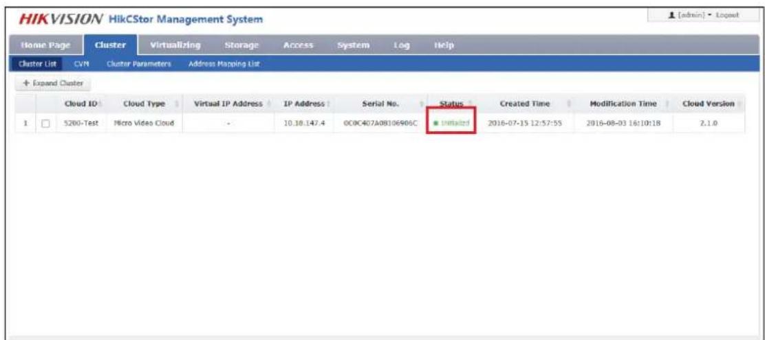 HIKVISION HikCStor Management System [admin] - Layout Home Page Cluster Virtualizing Storage Access System Log Help Cluster List CVM Cluster Parameters Address Mapping List + Expand Cluster Cloud ID Cloud Type Virtual IP Address IP Address Serial No. Status Created Time Modification Time Cloud Version 1 5200-Test Micro Video Cloud - 10.18.147.4 000C407A0B106906C ● Initiated 2016-07-15 12:57:55 2016-08-03 16:10:18 2.1.0