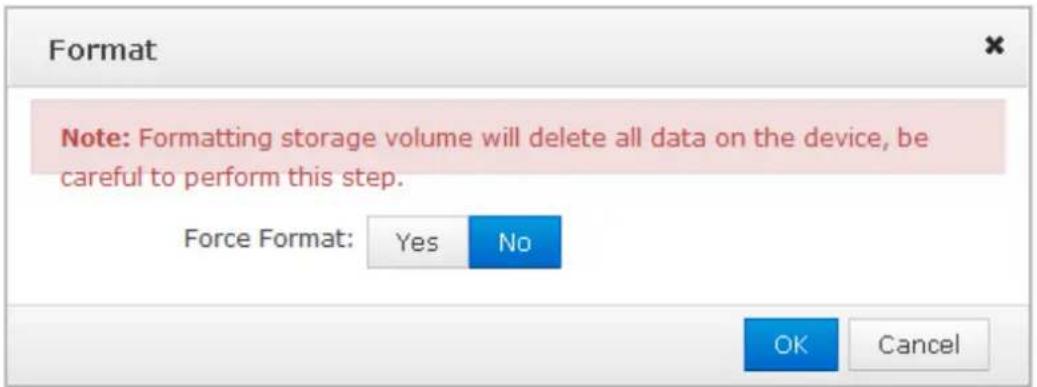 Format Note: Formatting storage volume will delete all data on the device, be careful to perform this step. Force Format: Yes No OK Cancel