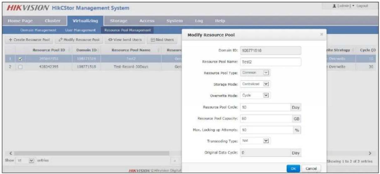 HIKVISION HikCStor Management System Home Page Cluster Virtualizing Storage Access System Log Help Domain Management User Management Resource Pool Management + Create Resource Pool Modify Resource Pool View bond Users Blind Users Resource Pool ID Domain ID Resource Pool Name Resource Pool ID 1 20547051 108771516 Test2 Gen 2 438342395 108771516 Test-Record-30Days Gen Modify Resource Pool Domain ID: 106771516 Resource Pool Name: Test2 Resource Pool Type: Common Storage Mode: Controlled Overwrite Mode: Cycle Resource Pool Cycle: 10 Day Resource Pool Capacity: 80 GB Max. Locking up Attempts: 10 % Transcoding Type: Not Original Data Cycle: 0 Day Show 15 entries OK Cancel Write Strategy Cycle (D) Overwrite 10 Overwrite 30 Showing 1 to 2 of 2 entries HIKVISION © HiKvision Digital