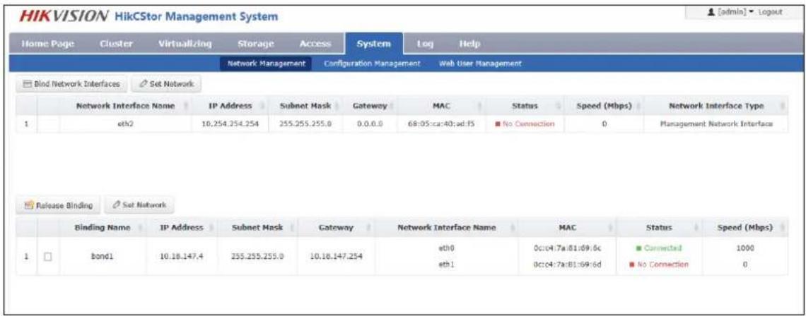 HIKVISION HikCStor Management System Home Page Cluster Virtualizing Storage Access System Log Help Network Management Configuration Management Web User Management Bind Network Interfaces Set Network Network Interface Name IP Address Subnet Mask Gateway MAC Status Speed (Mbps) Network Interface Type 1 eth2 10.254.254.254 255.255.255.0 0.0.0.0 68:05:car:40:ad:f3 No Connection 0 Management Network Interface Release Binding Set Network Binding Name IP Address Subnet Mask Gateway Network Interface Name MAC Status Speed (Mbps) bond1 10.18.147.4 255.255.255.0 10.18.147.254 eth0 0c:04:7a:81:69:6c Connected 1000 eth1 8c:04:7a:81:69:6d No Connection 0