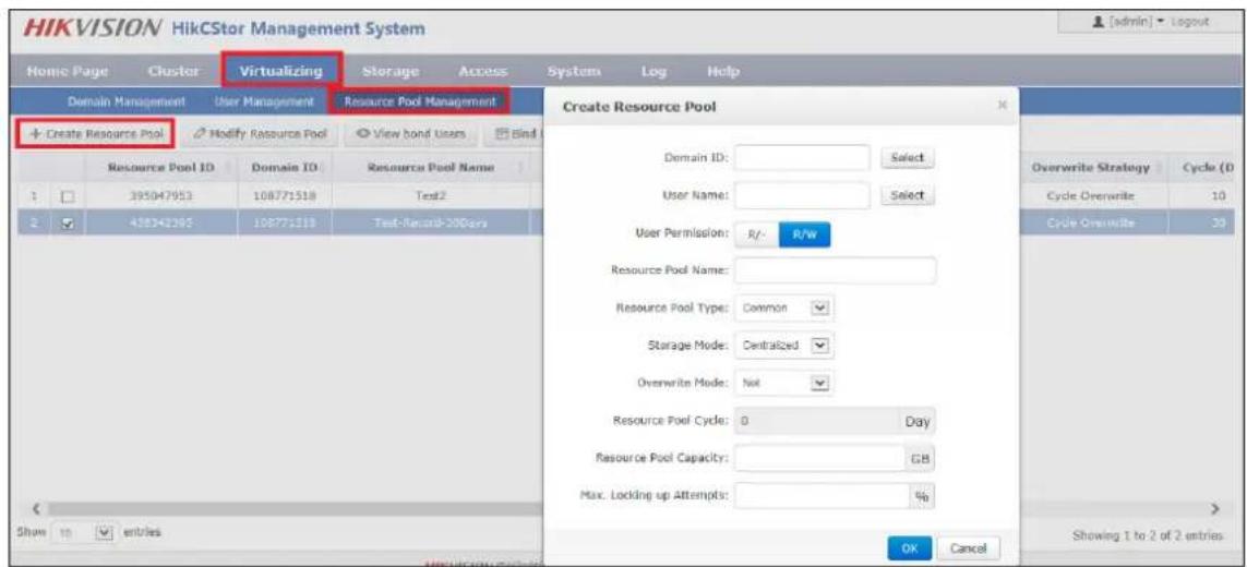 HIKVISION HikCStor Management System Home Page Cluster Virtualizing Storage Access System Log Help Domain Management User Management Resource Pool Management + Create Resource Pool Modify Resource Pool View bond Users Blind Resource Pool ID Domain ID Resource Pool Name 1 395047953 108771518 Test2 2 418242265 108771518 Test-Racall-200ars Create Resource Pool Domain ID: Select User Name: Select User Permission: R/ R/W Resource Pool Name: Resource Pool Type: Common Storage Mode: Centralized Overwrite Mode: Not Resource Pool Cycle: 0 Day Resource Pool Capacity: GB Max. Locking up Attempts: % Show 10 entries OK Cancel Overwrite Strategy Cycle (D) Cycle Overwrite 10 Cycle Overwrite 30 Showing 1 to 2 of 2 entries