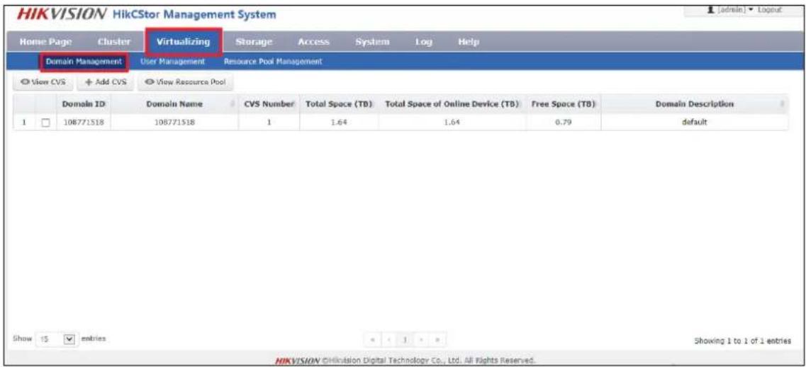 HIKVISION HikCStor Management System Home Page Cluster Virtualizing Storage Access System Log Help Domain Management User Management Resource Pool Management View CVS + Add CVS View Resource Pool Domain ID Domain Name CVS Number Total Space (TB) Total Space of Online Device (TB) Free Space (TB) Domain Description 1 108771518 108771518 1 1.64 1.64 0.79 default Show 15 entries HiKVISION ©Hikvision Digital Technology Co., Ltd. All Rights Reserved. Showing 1 to 1 of 1 entries
