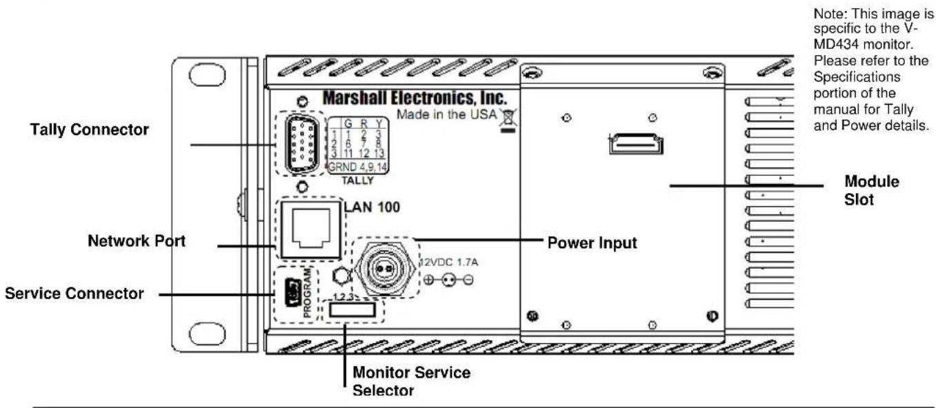 Tally Connector Network Port Service Connector Marshall Electronics, Inc. Made in the USA 1 1 2 3 2 6 7 8 3 11 12 13 GRND 4,9,14 TALLY LAN 100 12VDC 1.7A PROGRAM 12.3 Power Input Monitor Service Selector Note: This image is specific to the V-MD434 monitor. Please refer to the Specifications portion of the manual for Tally and Power details. Module Slot