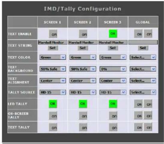 IMD/Tally Configuration SCREEN 1 SCREEN 2 SCREEN 3 GLOBAL TEXT ENABLE OFI OFI ON ON OFI TEXT STRING Marshall Monitor Marshall Monitor Marshall Monitor Set Set Set Text COLOR Green Green Green Select... TEXT BACKGROUND 50% Safe 50% Safe 0% Select... TEXT ALIGNMENT Center Center Center Select... TALLY SOURCE HD-15 HD-15 HD-15 Select... LED TALLY ON ON ON ON OFI ON-SCREEN TALLY OFI OFI OFI ON OFI TEXT TALLY OFI OFI OFI ON OFI