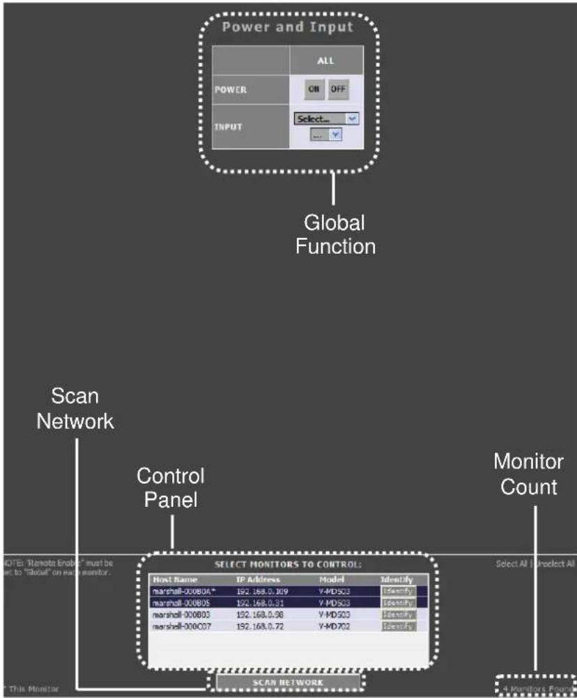 Power and Input ALL POWER ON OFF INPUT Select... Global Function Scan Network Control Panel Monitor Count SELECT MONITORS TO CONTROL: Host Name TP Address Model Identify marshall-000804* 192.168.0.09 Y-MDS03 Identify marshall-000805 192.168.0.31 Y-MDS03 Identify marshall-000803 192.168.0.98 Y-MDS03 Identify marshall-000807 192.168.0.72 Y-MDS02 Identify SCAN NETWORK Select All I choose All * This Monitor 4 Monitors Found